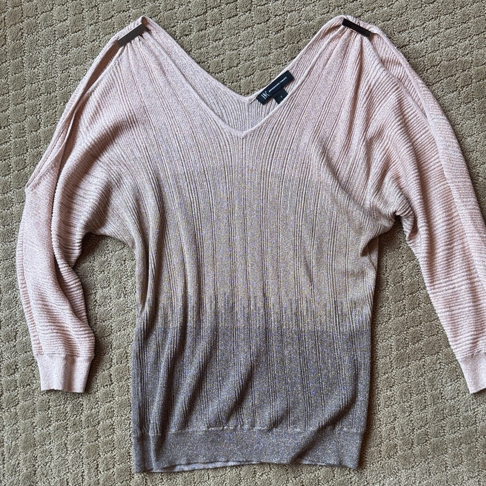 INC International Concepts Women's V-Neck Open Shoulder Sweater in Pink and Gray